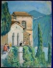SUPERB OIL PAINTING WITH GOUACHE SWISS TOWER LAKE VIEW 1955 ORIGINAL