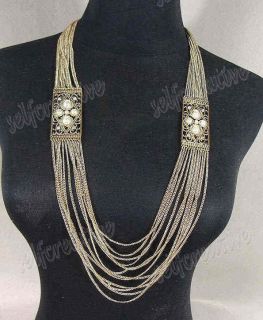 Multi layered Chain Swag Necklace Long Crystal Cream Pearl Gold Tone