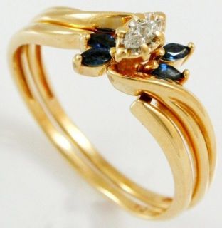 Gold .15 Carat Marquise Diamond & .20 Carat TW 4 Sapphire Wedding Set