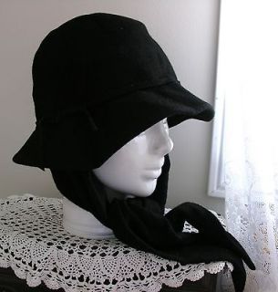 NWT $36.00 AUGUST BLACK WOOL HAT wt ATTACHED SCARF