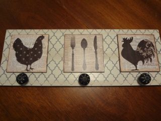 Art Decor ROOSTER Chicken Spoon Fork Knife 19 x 7 with 3 knobs NEW