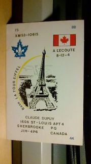 CB radio QSL postcard Eiffel Tower fleur de lys Dupuy 1970s Sherbrooke