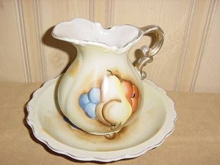 Vtg Artmark Ceramic Porcelain Painted Fruit Small Water Basin Pitcher