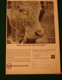 1964 Ad USS United States Steel Cattle Fence Cant Out