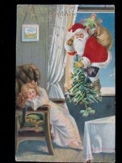 VINTAGE 1909 CHRISTMAS SILK ROBE SANTA CLAUS POSTCARD ~ SLEEPING CHILD