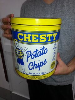 Vintage MINT Chesty Potato Chips Tin Can Advertising Sign 1940s RARE
