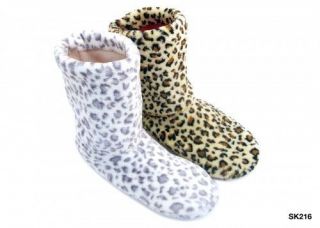 31P WOMENS LADIES LEOPARD ANIMAL FUR SLIPPERS BOOTS SOCKS SHOES ONE