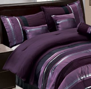 New 23Pc King Royal Purple Black Silver Striped Comforter Set W/ 2