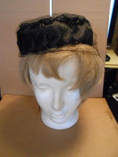 Vintage Ladies Black Woven Pillbox Hat With Veil