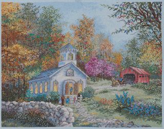 Worship in the Country Church Covered Bridge Horse Buggy Cross Stitch