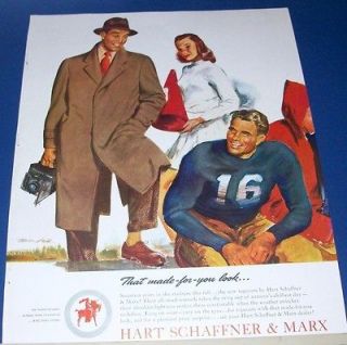 1947 Hart Schaffner & Marx Wool Topcoat Ad~FOOTBALL player/cheerleader