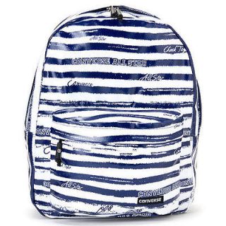 Converse Stripes Shiny Backpack School Book Bag in White w/ Navy