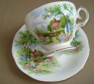 Queen Anne Fine Bone China England Tudor Cottage Teacup and Saucer