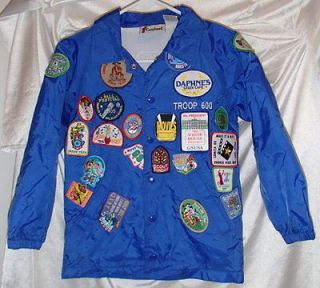 Blue Nylon Troop Jacket with 31 Patches Sewn Youth/Kids Sz M 10 12