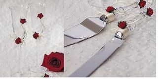 Wedding RED FLOWER Toasting Glass Flutes + Cake Knife & Server Set