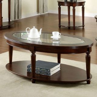 Dark Cherry Finish English Style Beveled Glass Top Oval Coffee Table