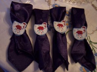 White Metal Rooster Hen Chicken Napkin Rings Blue Silky Cloth Napkins