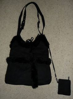 Company Black Suede Handbag purse hobo tote with Fur Trim & Coinpurse