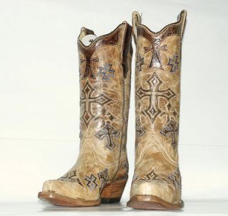 Corral Womens R1017 Antique Tan Embroidered and Inlay Cross Cowboy