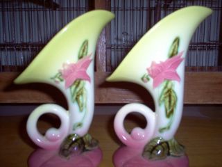 Hull Pottery Woodland Cornucopia Vases 5 1/2  Green/Pink Excellent