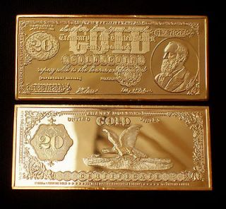 1882 SERIES $20 GARFIELD GOLD CERTIFICATE .999 FINE GOLD/COPPER BAR