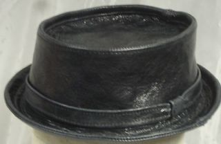 Jill Corbett Pork pie hat battered black leather initialled lining S