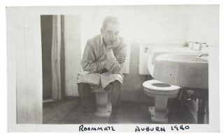Vintage Snapshot Photo Roommate Young Man Sitting on Toilet Bathroom