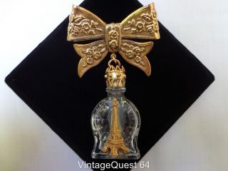 Vintage Eiffel Tower Glass Perfume Bottle Dangle Bow Brooch (BP333)