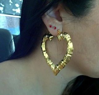 BIG heart bamboo effect creole hoop earrings 7.5cm Gold tone or