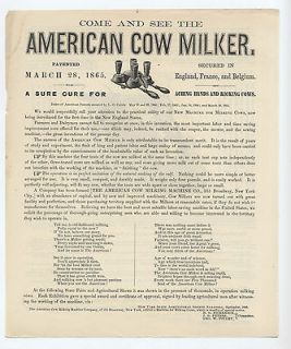 AMERICAN COW MILKER 1867 Advertising BROADSIDE Poetry DAIRY FARM