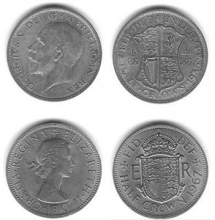 Lot 2 HALF CROWNS   GEORGE V 1936, ELIZABETH II 1967, Clean, UK Coins
