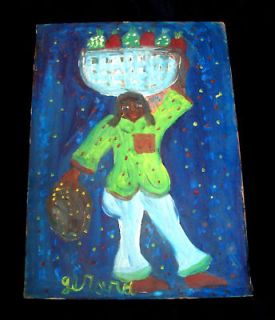 1980s HAITIAN PAINTING YOUNG GIRL GOING TO MARKET by GERARD FORTUNE