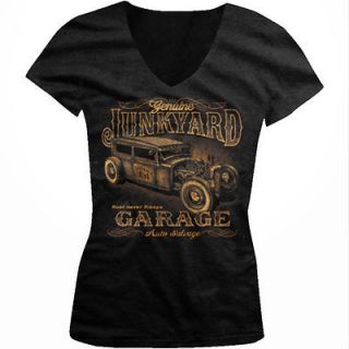 Genuine Junkyard Salvage Garage Biker Juniors Girls V Neck Shirt