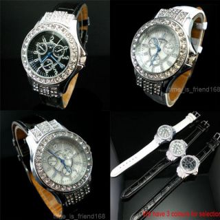 Ladies White Black Leather Crystal Rhinestone Fashion Wrist Watch