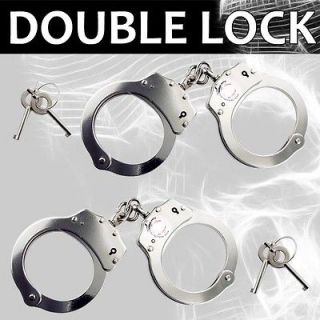 Police Handcuffs NICKEL PLATED Double Lock REAL Hand Cuffs W/ 4 Keys