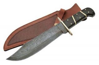 Damascus Steel Hunting Knife w/ Leather Case