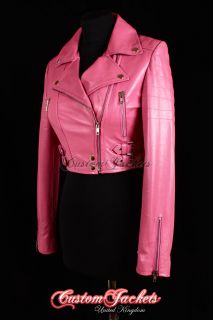 Ladies VOGUE Pink CROPPED Designer Biker Style Real Lambskin Leather
