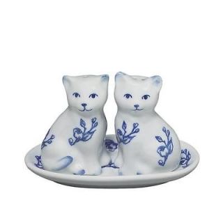 Andrea by Sadek Blue Flowers Kittens Cats China Salt & Pepper w Tray
