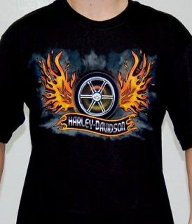 Harley Davidso n Mens Fire Wheel Wing Black Biker Short Sleeve T Shirt
