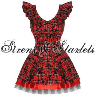 LADIES NEW HEARTS & ROSES LONDON RED TARTAN TATTOO PUNK EMO PROM PARTY