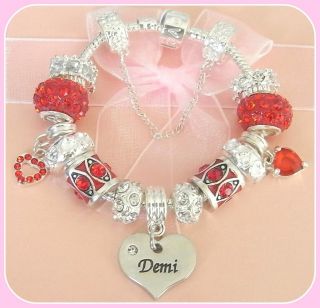 CHILDRENS/GIRL S/ TEENS RED & SILVER CZ CHARM BRACELET PERSONALISED