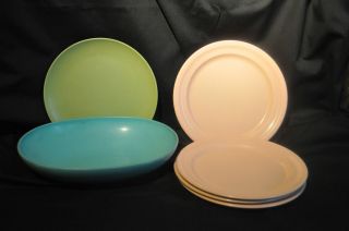 Melmac Mixed lot plates, dishes serving bowl, peach, green, aqua