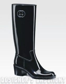 GUCCI shiny black Rubber DEVENDRA GG logo Rainboots Mid heel boots NIB