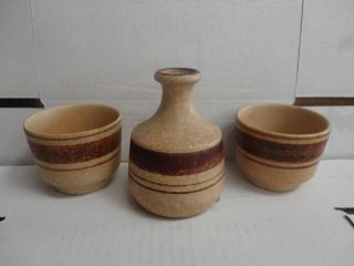 Lot of 1 Set of Brown Earthtone Decanter & (2 )Bowls By Pottery Craft