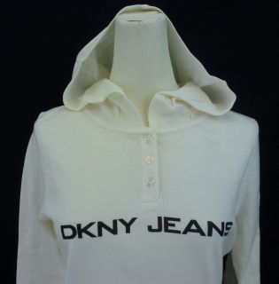 New Womens DKNY Jeans Ivory Cotton Henley Hoodie Hooded Shirt Many