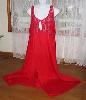 New Red Long Romantic Sheer Nylon Nightgown Stretch Lace Bodice Plus