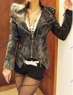 Womens Punk Spike Studded Shoulder Vintage Denim Jacket Jeans coat