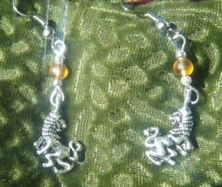 Bali Lion Earrings   Tibetan Silver   Amber Sea Glass   Leo