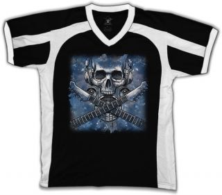 Electronic Skull Mens V Neck Sport T Shirts Electric Guitar