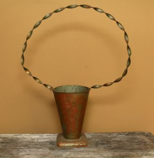 Vintage Large Metal Funeral Flower Basket Cottage Chippy Shabby Copper